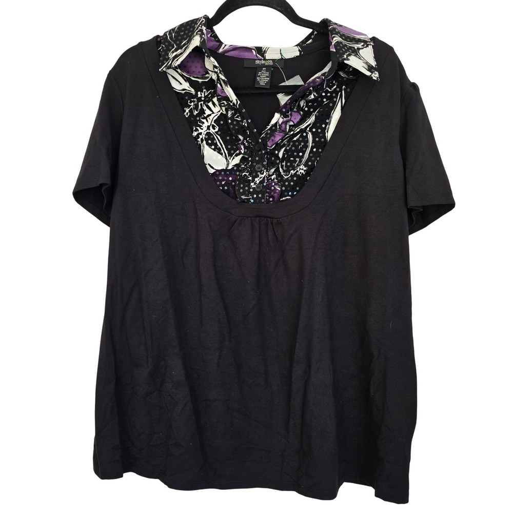 😀🆕️ Style Co Woman Black Blouse with‎ Printed Collar and Ruffle Detail Size 2X
